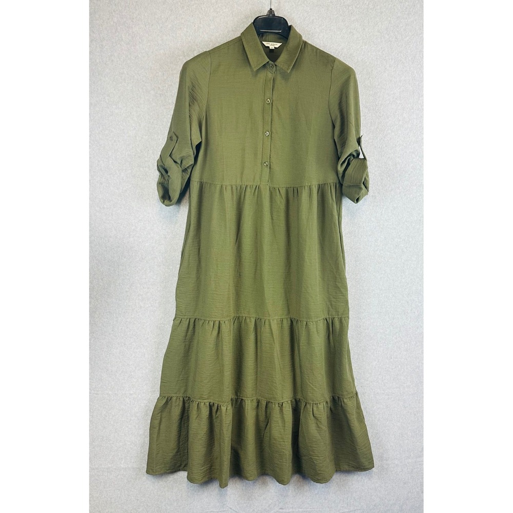 Max Studio London Womans Medium Shirt Midi Dress Roll Tab Green Tier Boho Modest - Picture 2 of 9